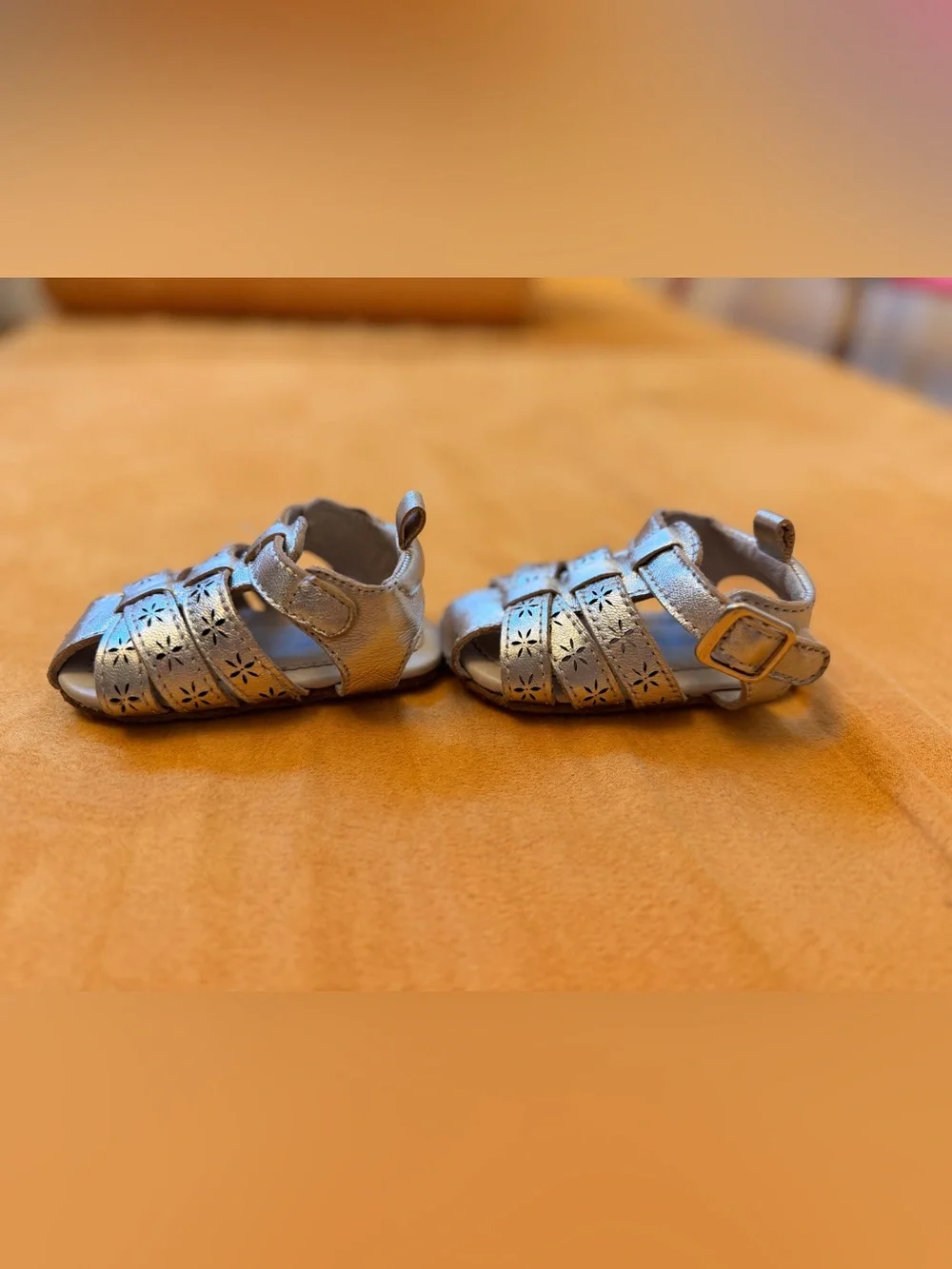 Robeez Metallic Goldish Silver Baby Sandals with Floral Cutouts